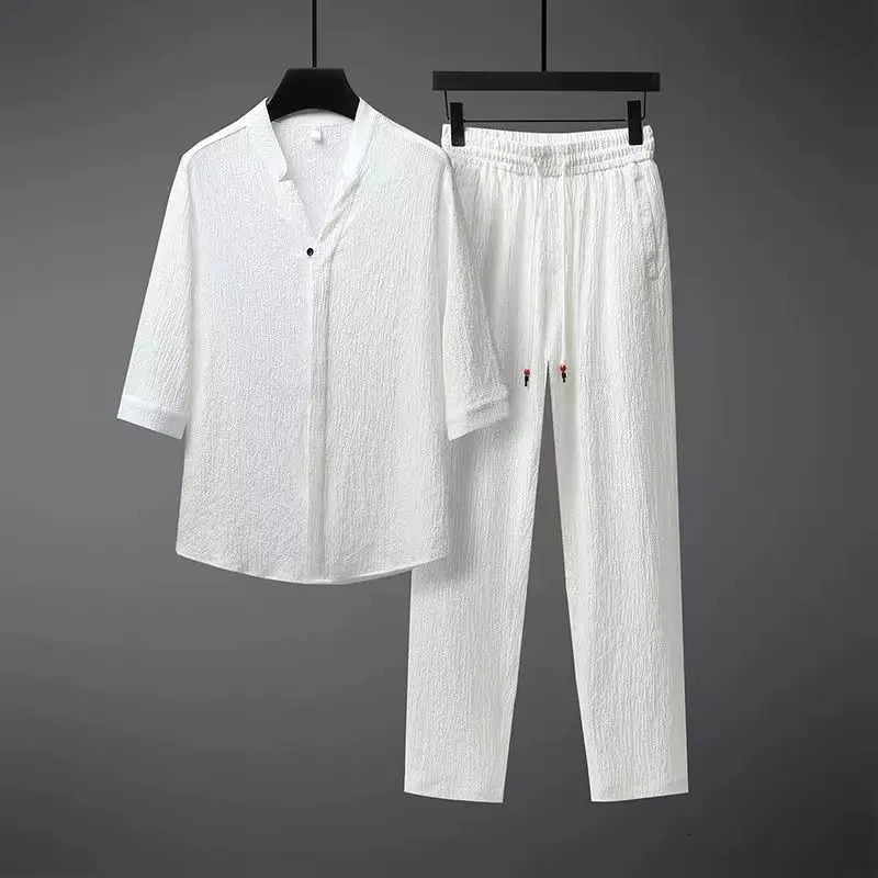 Summer Men Solid Color Set Casual Sets TShirtsPants Two Piece Mens Sportswear Jogger Tracksuits Fashion Sports Suit 250227
