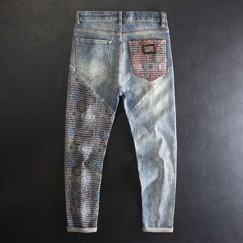 High-End Fashion Personality Men's Jeans With Patchwork Craftsmanship, Embroidery Design, And Printed Street Denim Pants