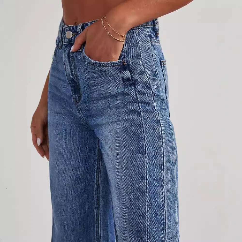 Women's Denim High Waist Fashion Wide Leg Cotton Trousers Autumn Tide Straight Pants De Mujer Frayed Hem Jeans