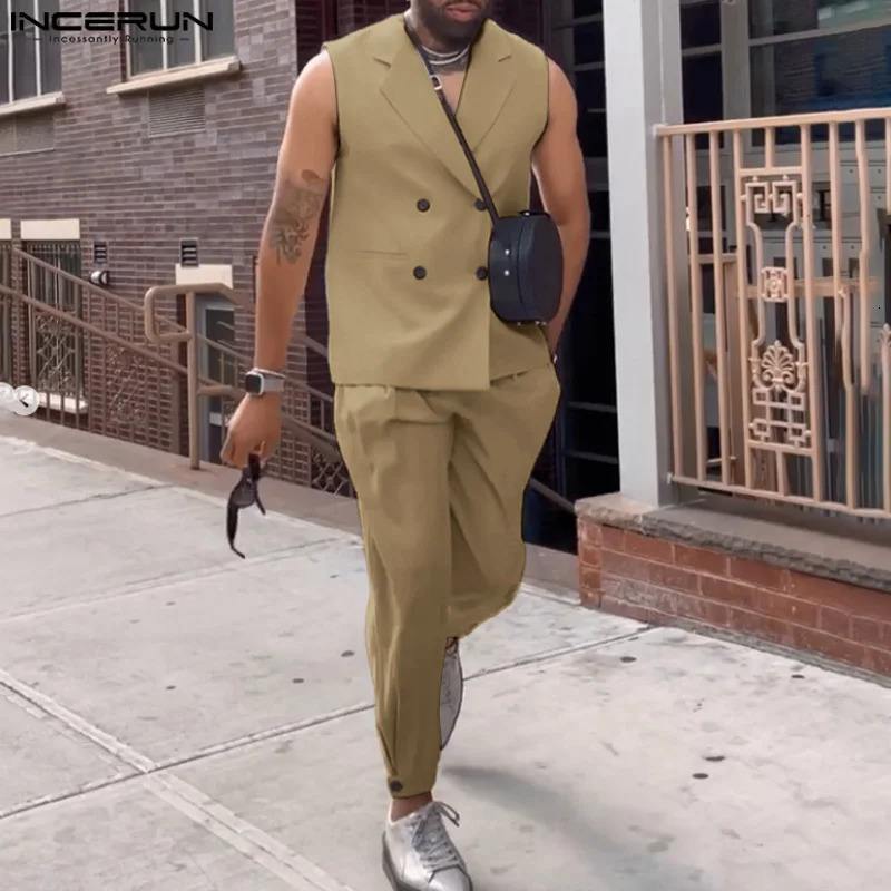 INCERUN Men Sets Solid Color Lapel Sleeveless Double Breasted Vests Pants 2PCS Streetwear 2024 Fashion Casual Suits S5XL y250303