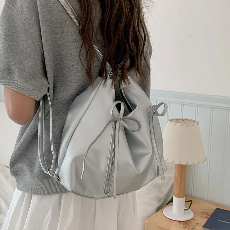 Korean Bow Knot Backpack Sweet Shoulder Bag for Women Fashion Y2K PU Leather Tote Bags Causal Large Capacity Female Handbags 250228