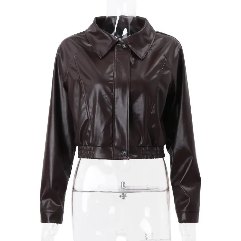Faux Leather Jacket Women Fashion Brown PU Oversized TurnDown Collar Zipper Cropped Coat Autumn Winter 2024 250226
