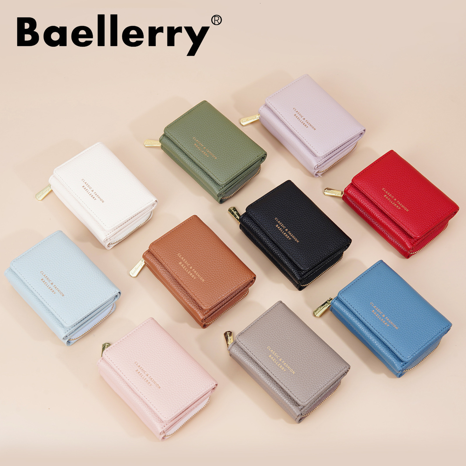 Wallet womens short baellerry three fold zipper coin purse simple lychee pattern card bag for women 250304