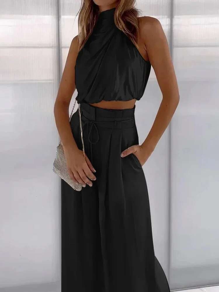Deioao Urious Solid Women Summer Two Piece Set Female Sleeveless Tops Pocket Pants Chic Outfit 2025 Office Lady Suit In Stock
