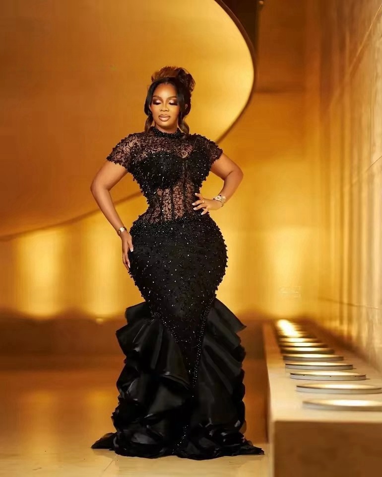 Black Lace Prom Party Dresses For African Women 2025 Sequined Beaded Reception Gown Ruffles Birthday Dress Tiered Vestidos De Noche Customized