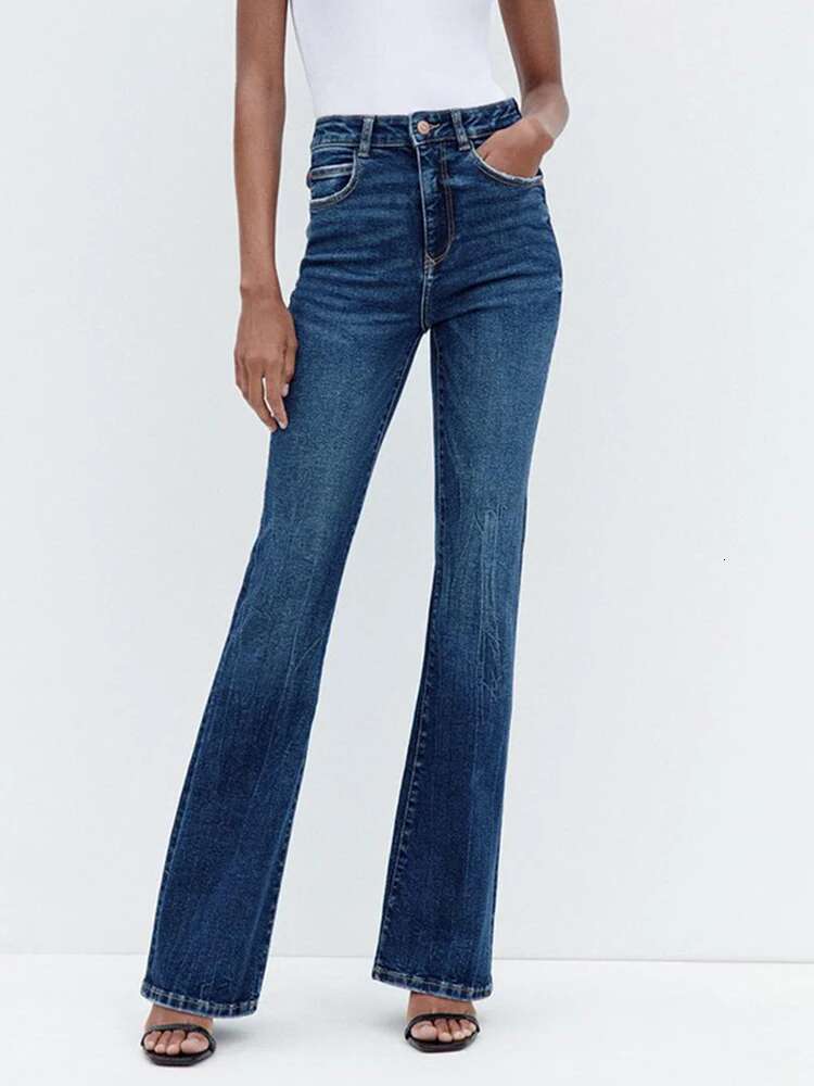 TRAF Women's Slim High Waist Flared Jeans New Pocket Zip Button Closure Stretch Wide Leg Washed Effect Fashion Trousers