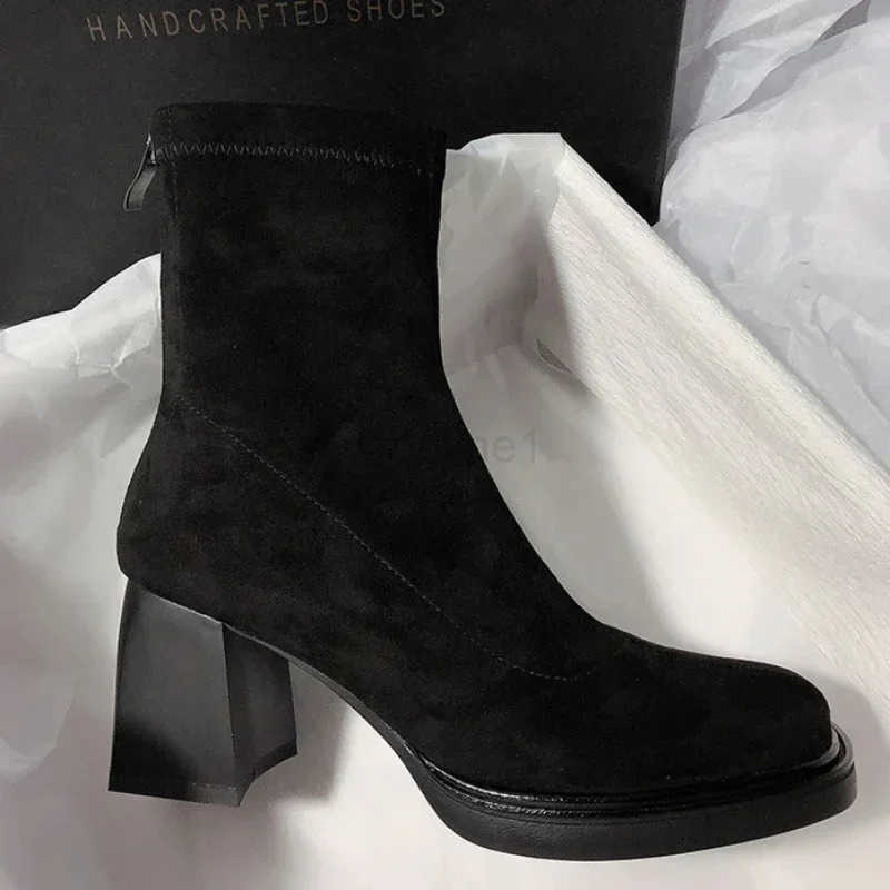 Wen Cowboy Ankle Boots Wan Winter Square Toe Chunky H Elastic Boots Fem Back Zipper Ankle Boots Botas Mujer Z250304