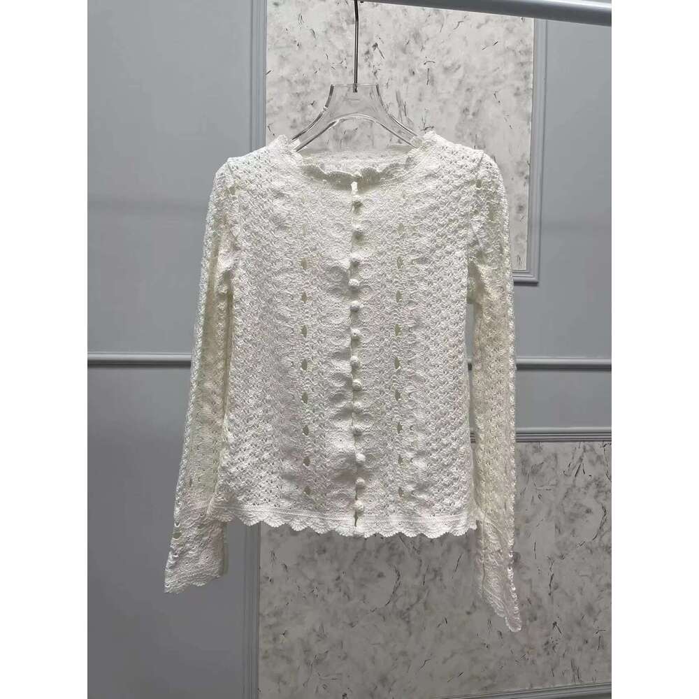 Women 100% Cotton Hollow Out Knitted Cardigan Tops Early Autumn Long Sleeve Single Breasted O-Neck Female 2 Color Sweater