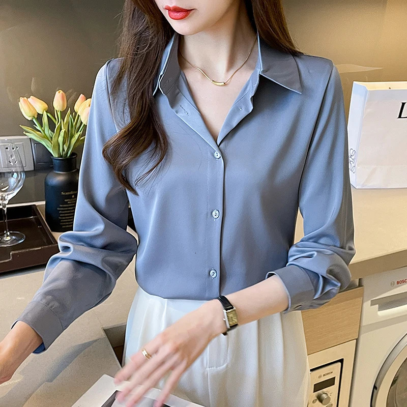 elegant satin shirts solid color ladies shirts fashion causal Womens Blouses Long Sleeve Shirts Tops Blusas Mujer 250303