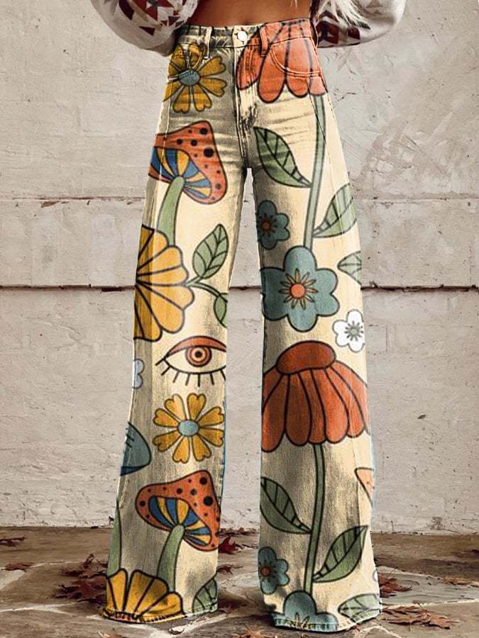 Women's Pants Thin imitation jeans wide leg 3D printing trend