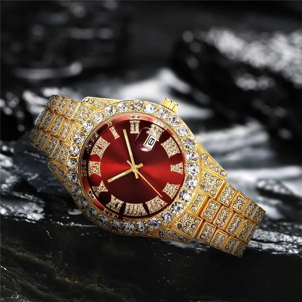 Fashion Business Diamond-Studded Mens And Womens Roman Scale Calendar Hip Hop Gold Green Full DiamondXJ250304