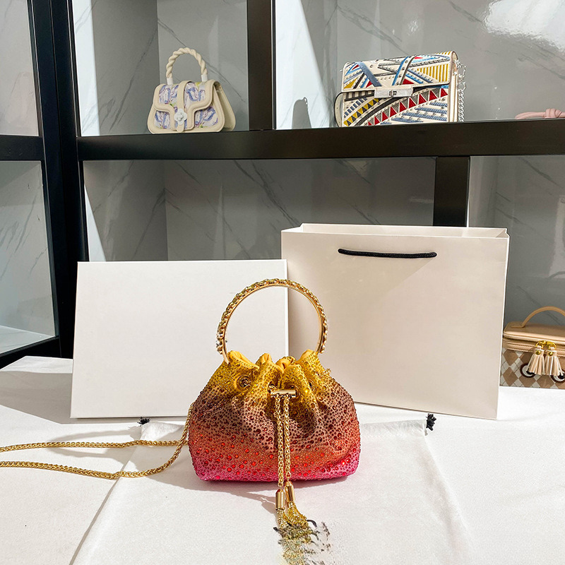 Free Shipping New Designer Bag Gradient Volcano Color Bucket Shiny Rhinestone Women's Bag High Beauty Handbag Wallet Glitter Chain Bag