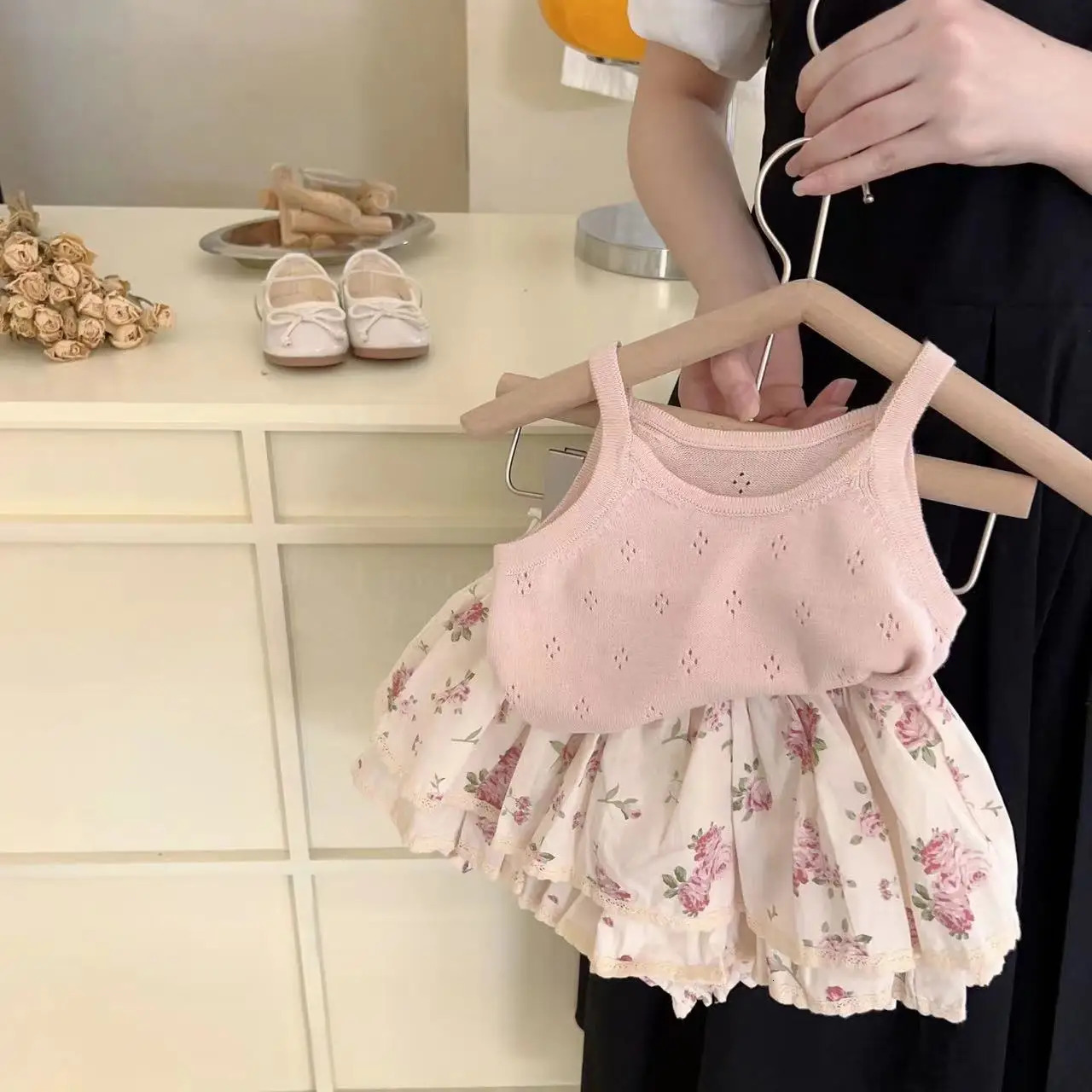 Ins Summer Toddler Girl Outfit Hollow Cool Slip Tees Lace Rose Flower Bud Shorts Baby Girl 2PCS Clothes Set Kid Girl Suits 250304