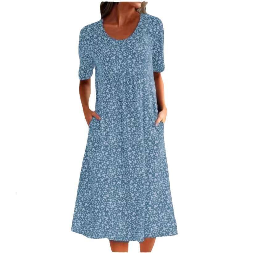 popular European and American French vacation style round neck short sleeved ral mid length dress 2025 new casual fashion trend clothing