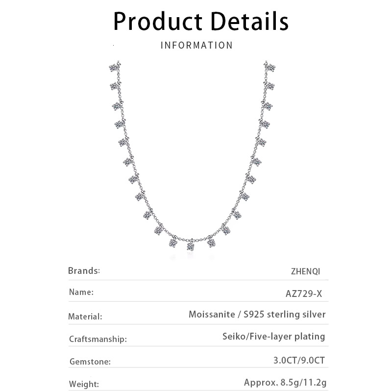 Full Star Tennis Chain Sterg Sier Pendant 3CT Cultivated Dia Moissanite Necklace for Women