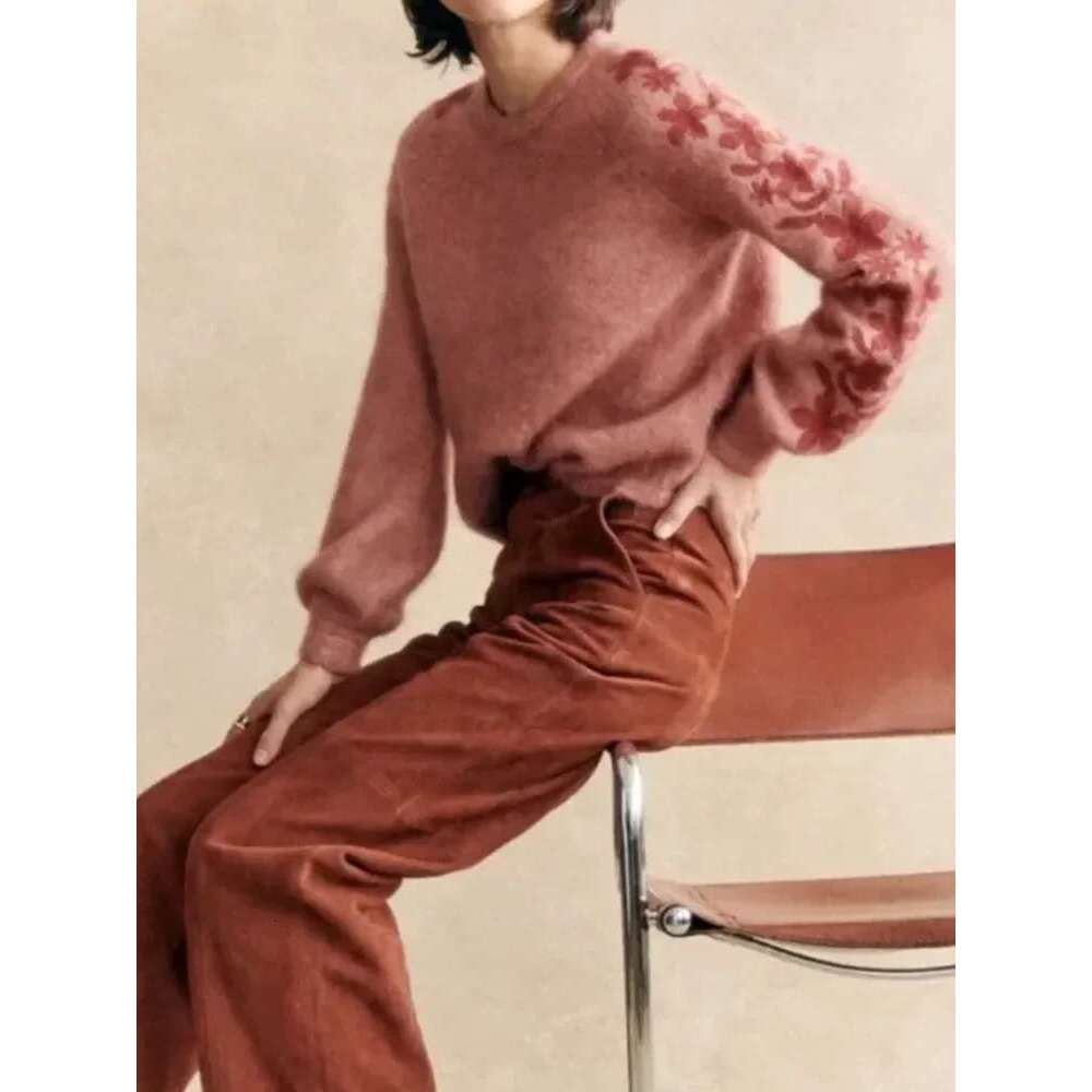 Ral Embroidery Women Puff Sleeve Sweater Soft Fashion Top Female O-Neck Jumper Fall Winter 2025