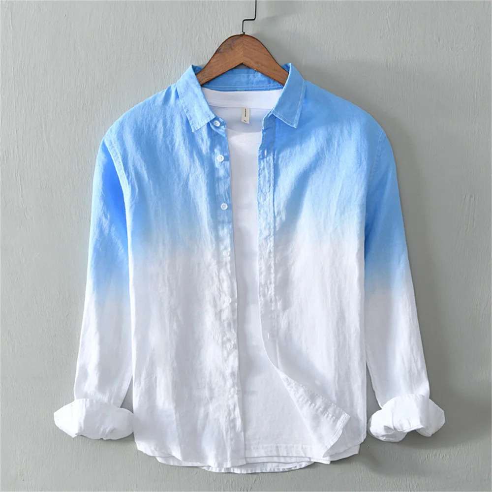 Mens linen casual comfortable long sleeved shirt fashion gradient trend mens oversized 250227