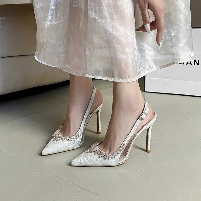 2025 Summer Classic Crystal Pumps Sexy Pointed Toe Rhine Sequin Cloth High Heel Sandals Wens Banquet Dress Wedding Shoes Z250304