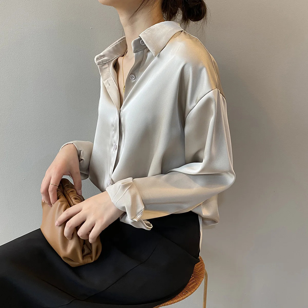 Spring Fashion Button Up Satin Silk Shirt Vintage Blouse Women White Tops Lady Long Sleeves Female Loose Street Shirts 11355 250303
