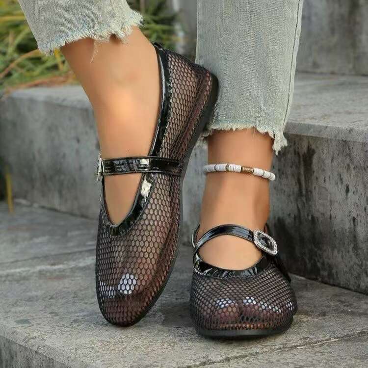 Large size rhinestone buckle hollow ballet flat bottom fashion spring and autumn summer round toe single shoe