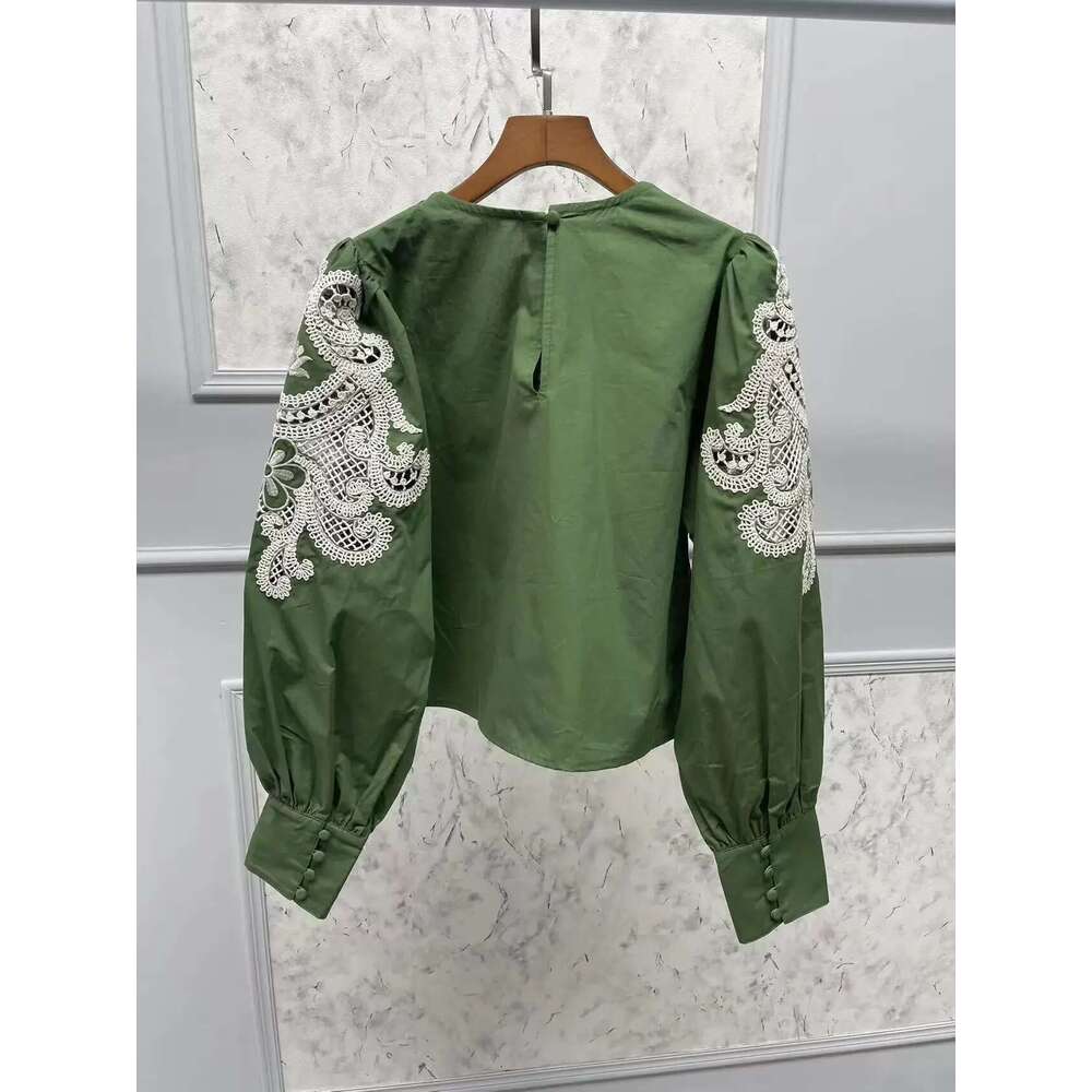 2025 Early Autumn Women O-Neck Blouse Three Dimensional Embroidery Hollow Out Green Vintage Long Puff Sleeve Female Shirt