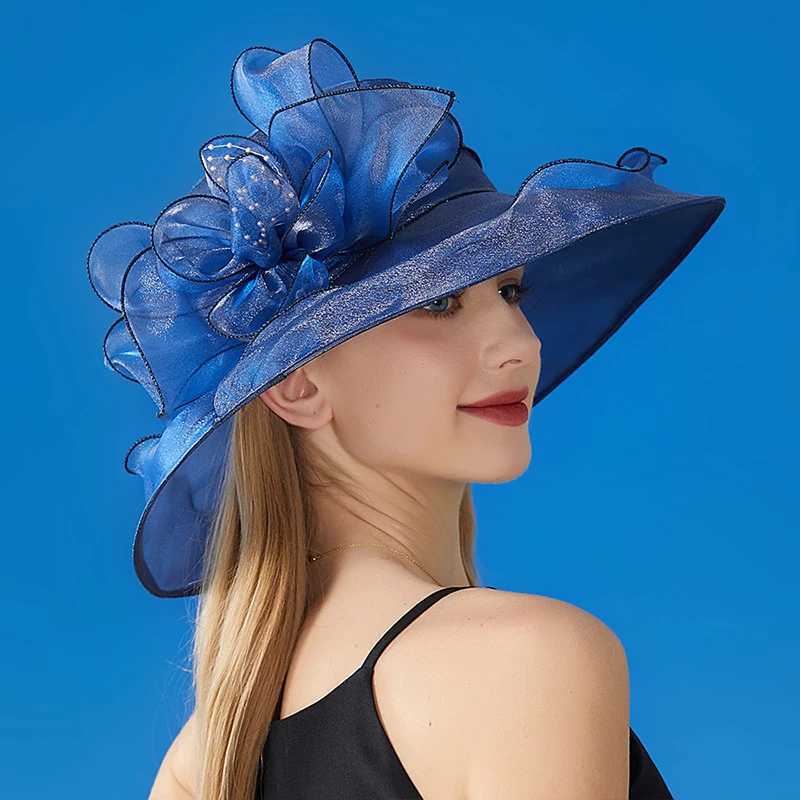Vintage Organza Wide Brim Hat For Women New Church Dr Bridal Wedding Hat Floral Mesh Sun Hat Party Beach CsXJ250304