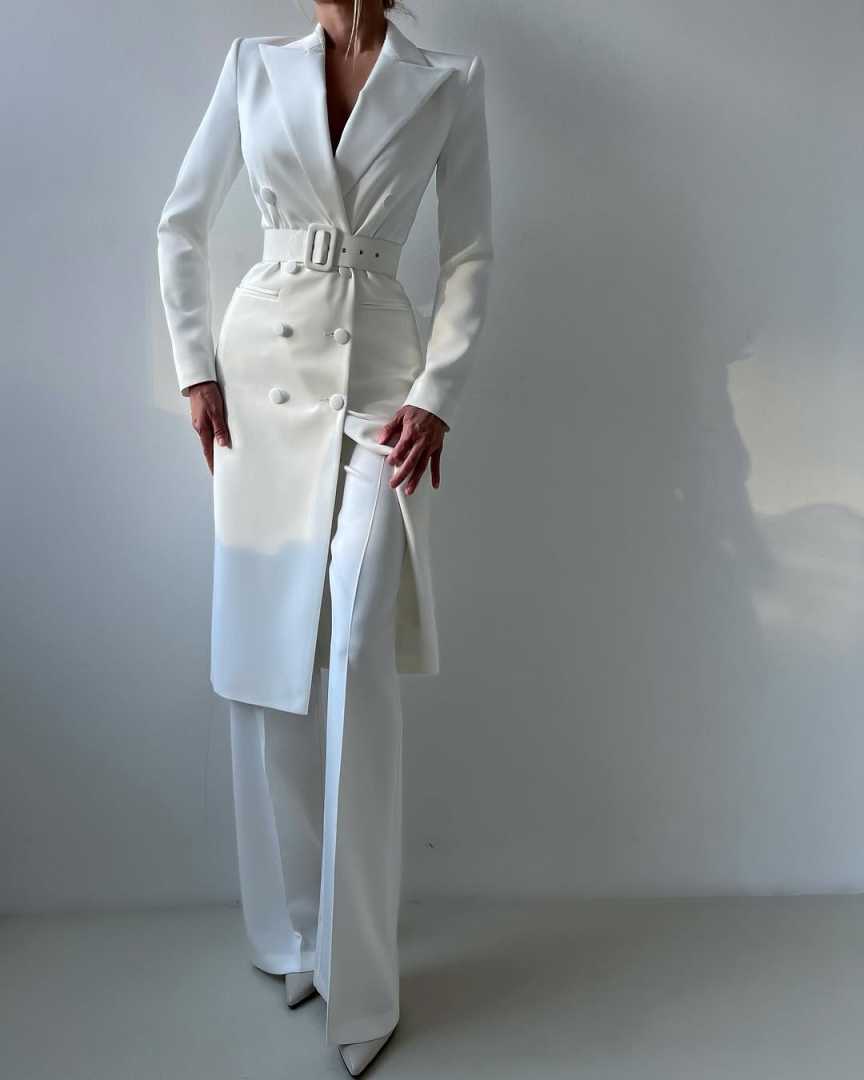 White Slim Women Pants Suits Ladies Long Jacket With Belt Formal Birthday Party Wear 2 Pieces Customized Coat