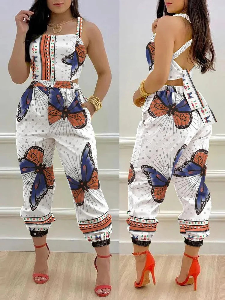 Summer Fashion Printed Sleeveless Jumpsuit Sexy Hollow Backless Lace Up Long Jumpsuits Elegant Casual Jumpsuit With Pocket 250303
