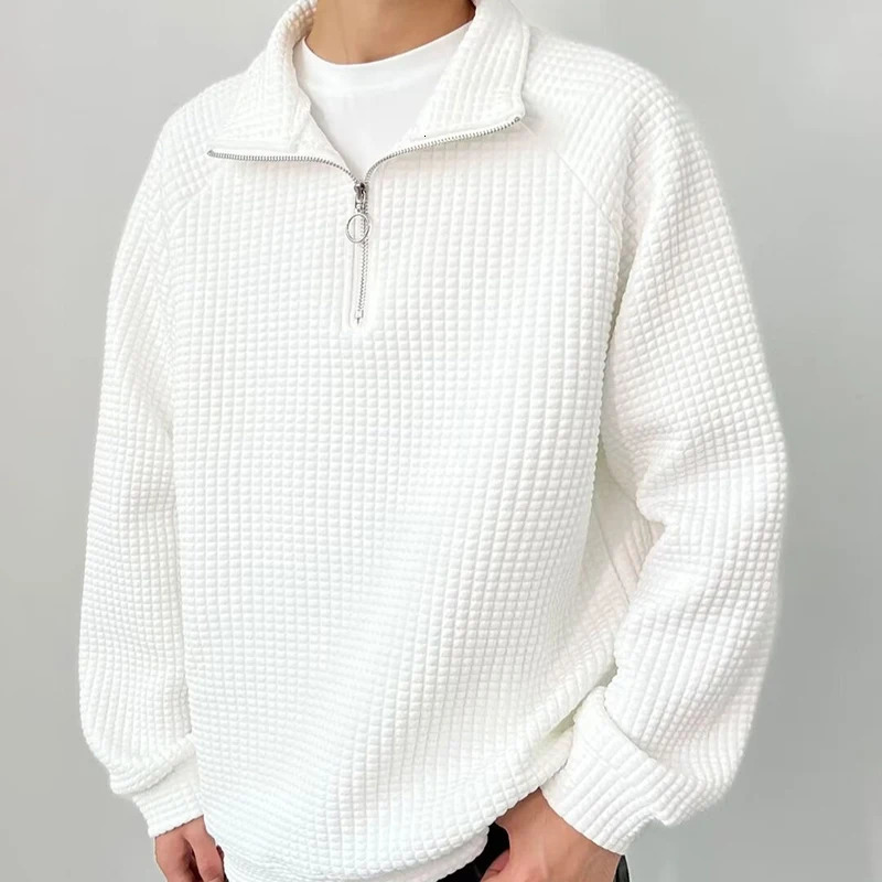 Waffle Plaid Long Sleeve Men Polo Half Zip Sweatshirts Fall Korean Fashion Harajuku Casual Loose Oversized Clothing Black White 250304