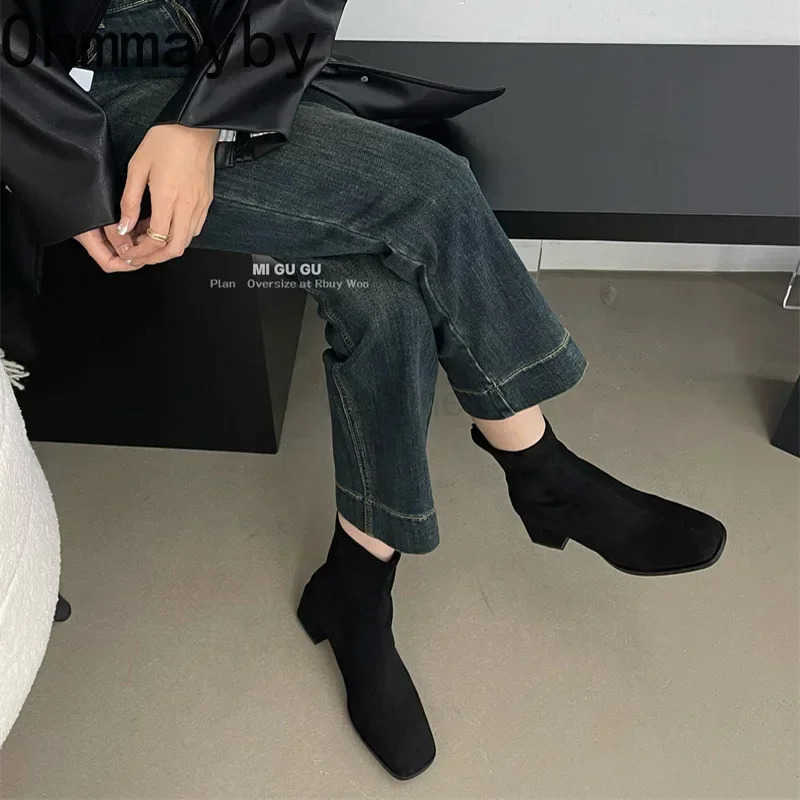 Autumn Winter Fleeces Wen Sock Ankle Boots Fion Square Heel Ladies Elegant Keep Warm Short Booties Wens Footwear Z250304
