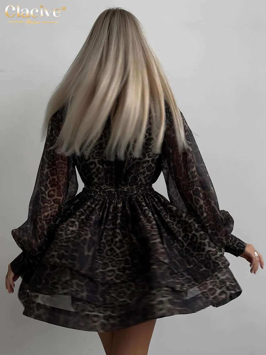 Clacive Fashion Leopard Print Women's 2024 Vintage Lapel Long Sleeve Mini Dresses Elegant High Waist Pleated Female Dress