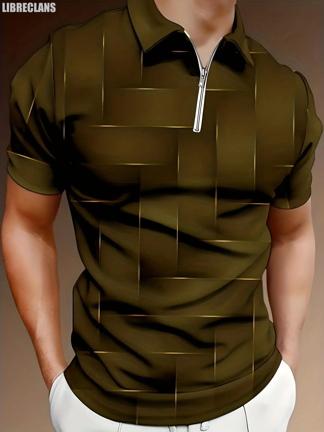 Vintage Gold Plaid Pattern 3D Printing Mens Zipper Polo Shirt Summer Fashion Short-Sleeved Top Harajuku Streetwear 250304