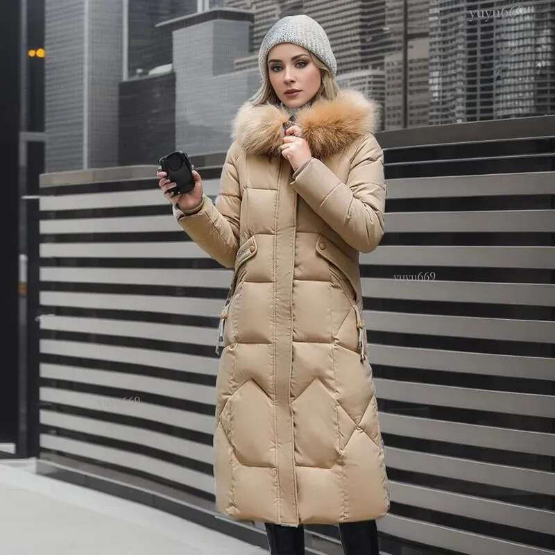 Parkas Winter Womens Jacket Long Coat 2024 Thick Coat Fur Collar Hooded Zipper Warm Chiffon Womens Apron 2