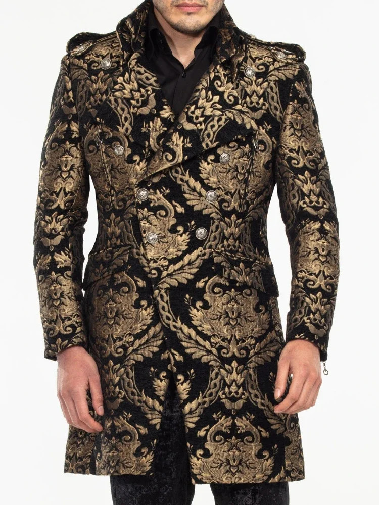 Long Floral Suit Jacket for Men Notch Lapel Double Breasted Jacquard Male Blazer Fashion Coat 2024 Custom Made 250304