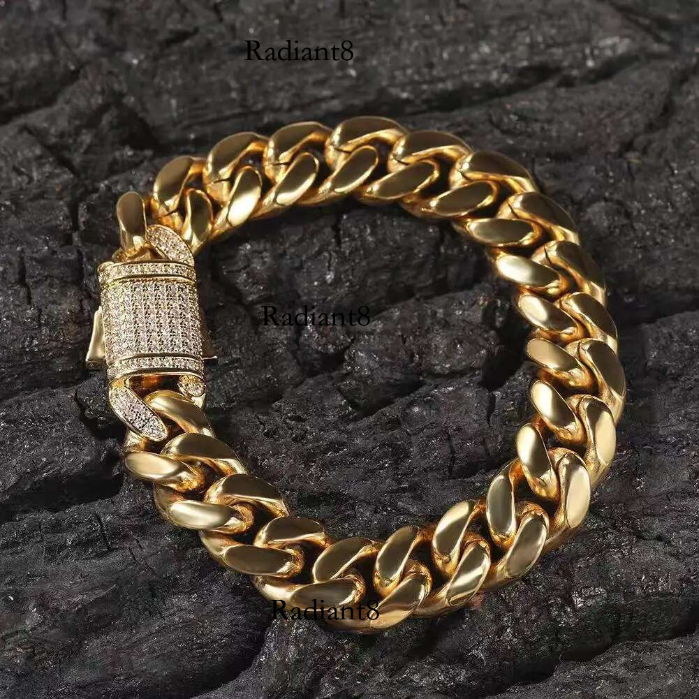 Stainless steel Cuban chain hip-hop men's trendy zircon spring buckle bracelet exaggerated thick necklace