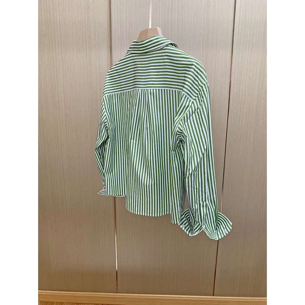 Women's Green Stripes Shirt Embroidery Butterfly Letter Turn-Down Collar Cotton Top 2025 Autumn Female Single Breasted Blouse
