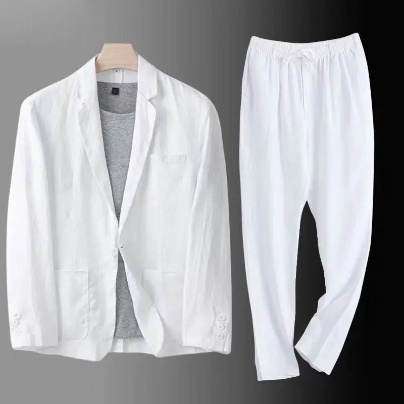Spring Autumn Fashion Men Linen Two-piece Set Blazer Jacket Pants Solid Slim Fit Casual Business Thin Clothing Breathable Suit 250303