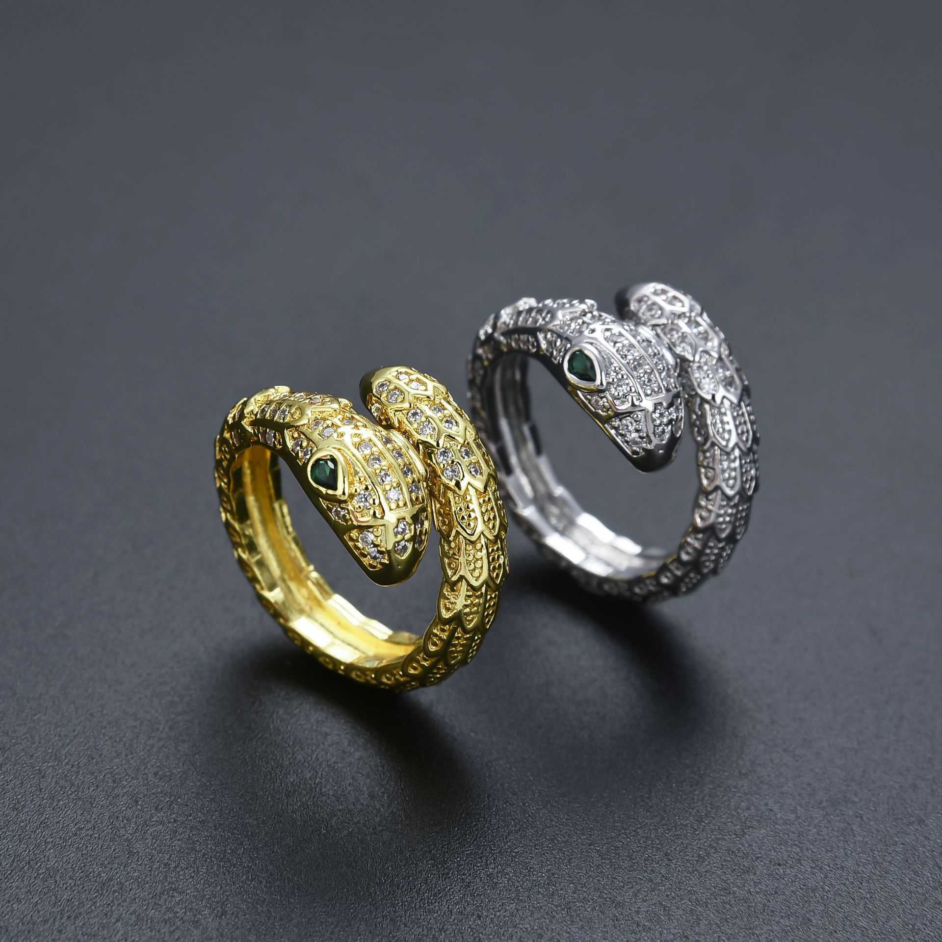 Couple Rings Fashion ins cool style common ring for men and women single ring snake scale flashing snake head CZ open ring H25303
