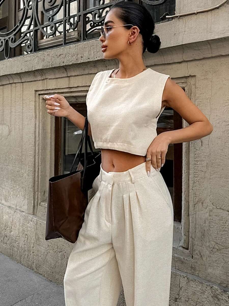 Summer Womem Fashion Round Neck Sleeveless Top Suit Two-Piece Set Office Ladies Chic Pants Suits Womens Outfits