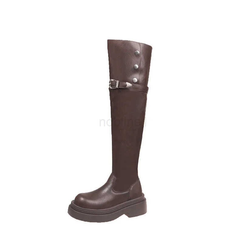 Over The Knee Square Heel Modern Boots Zipper Solid Round Toe Shoes Fem 2024 High Quality High Heel Punk Wens Boots Z250304