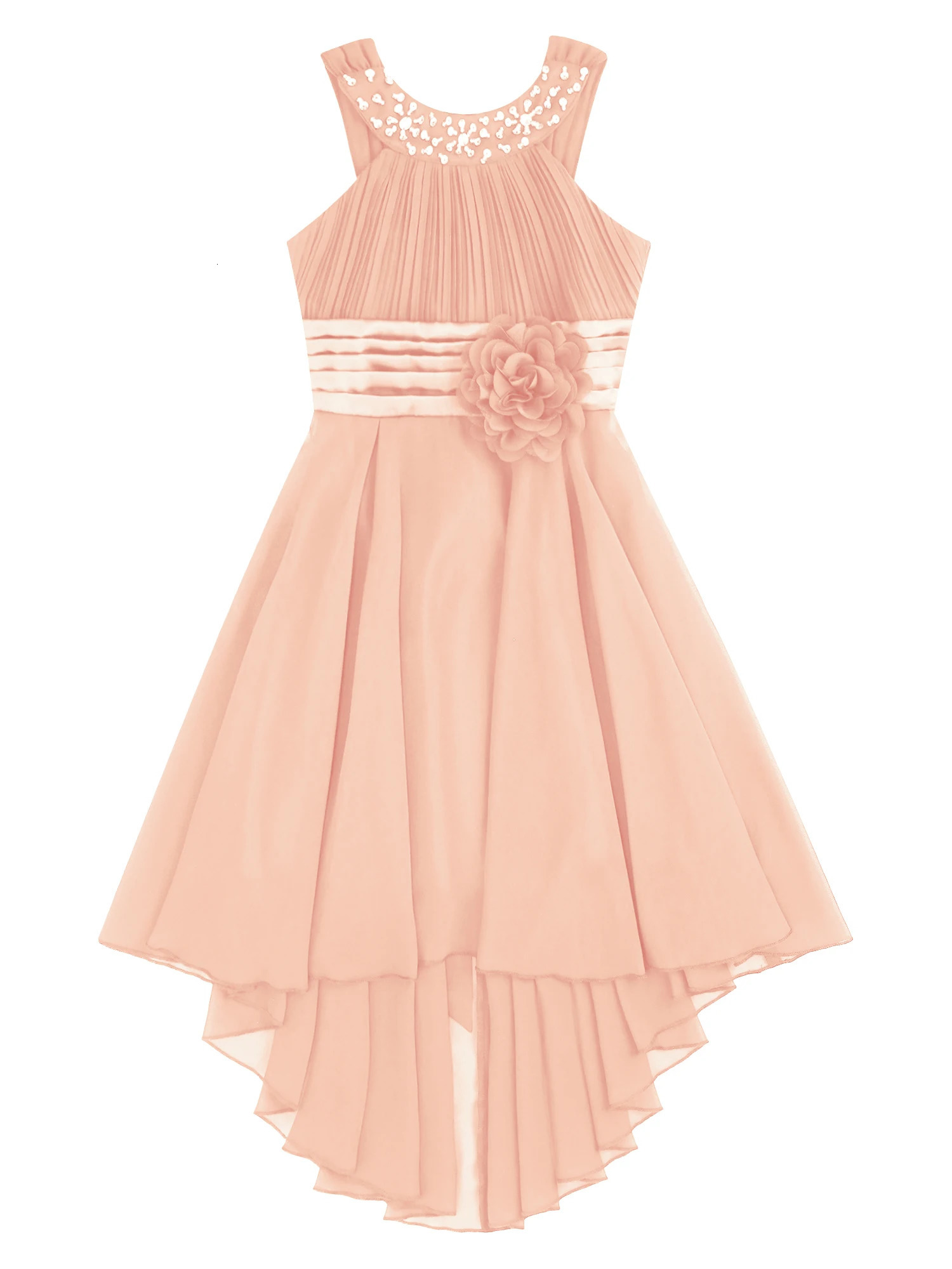 Kids Wedding Flower Girls Party Dress Sleeveless Ruched Shiny Beaded Hilow Hem Elegant Chiffon for Birthday Evening Prom 250303