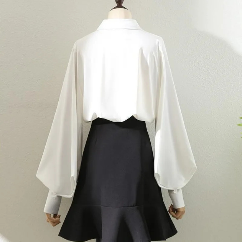 Blouses Tops Women White Black Long Lantern Sleeve Office Lady Temperament Autumn Winter Basic All-match Chic Female 250228
