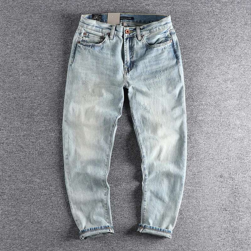 Heavy Washing In Autumn To Make Worn Bai Qian Blue Jeans Men Slim Small Straight Joker Youth Casual Pants Tide