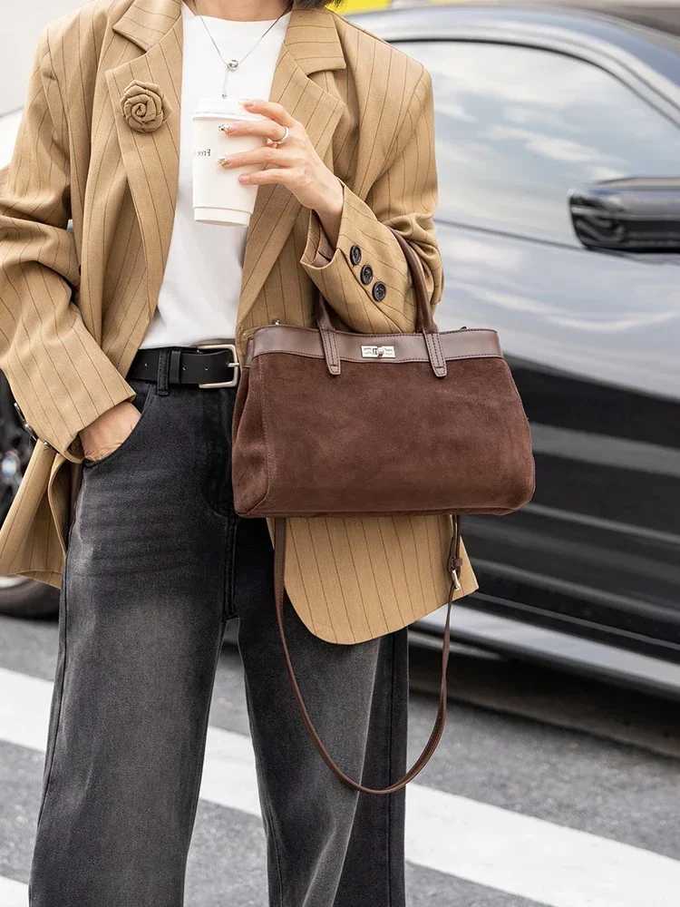 New Wine Red Chamois Tote Large Real Suede Cow Leather Women Hand Bag High-end Female Shoulder Bag Commuter Travel Shoulder Bag Z250303