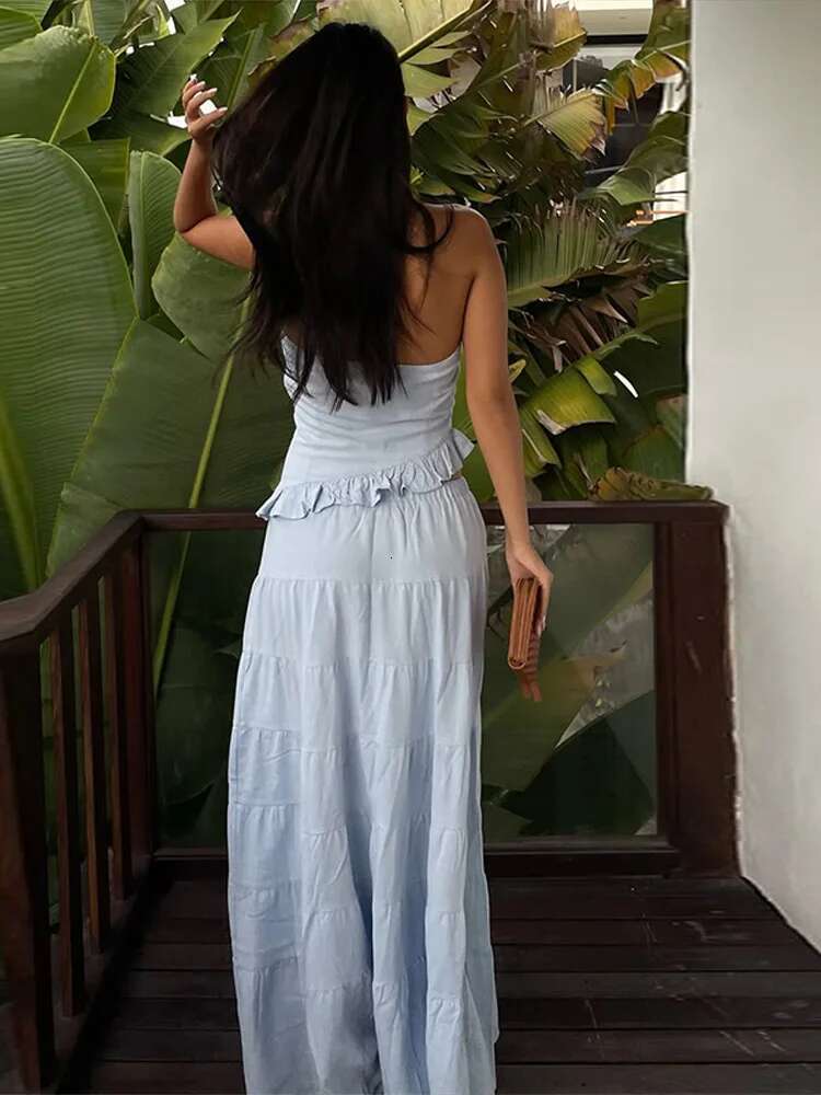 Elegant Ruffle Hollow Out Top Skirt Woman's Set Vintage Sleeveless Halter Slim Tops High Waist Skirts Sets Female Beach Outfits
