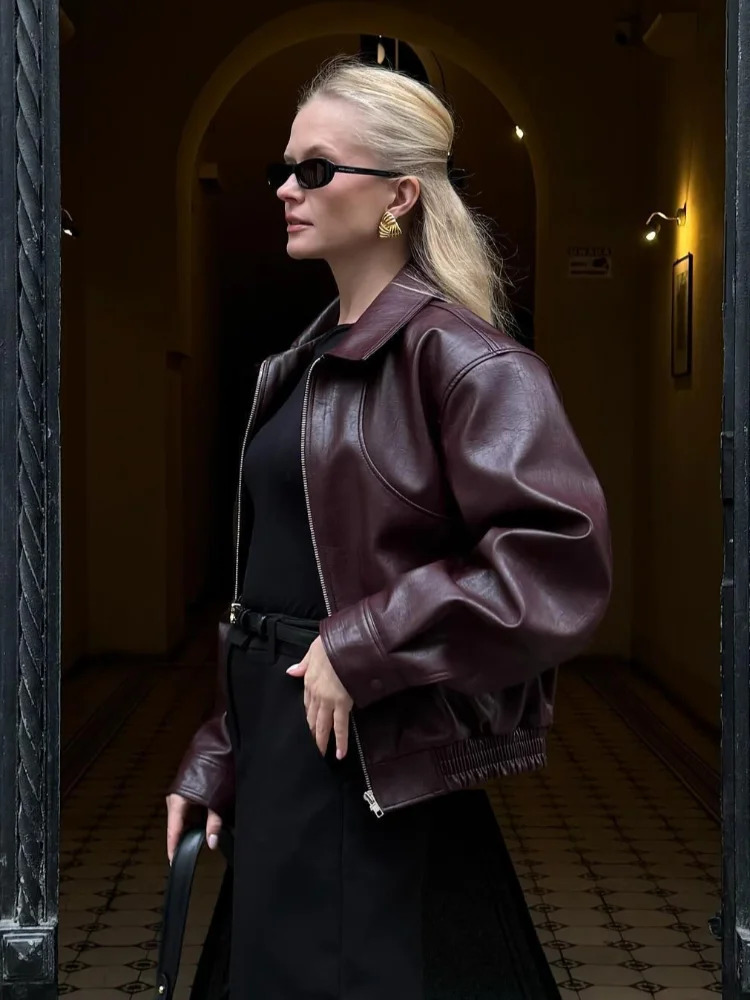 Vintage Wine Red Short Leather Jacket For Women Chic Slim Lapel Collar Long Sleeved Zipper Coat Autumn Lady High Streetwear 2025 250226