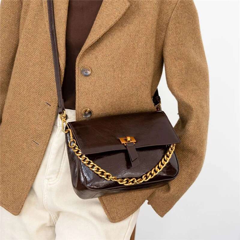 Shiny Cowhide Genuine Leather Shoulder Bags For Women Trend Designer Flap Crossbody Purses Chain Ladies Handbags