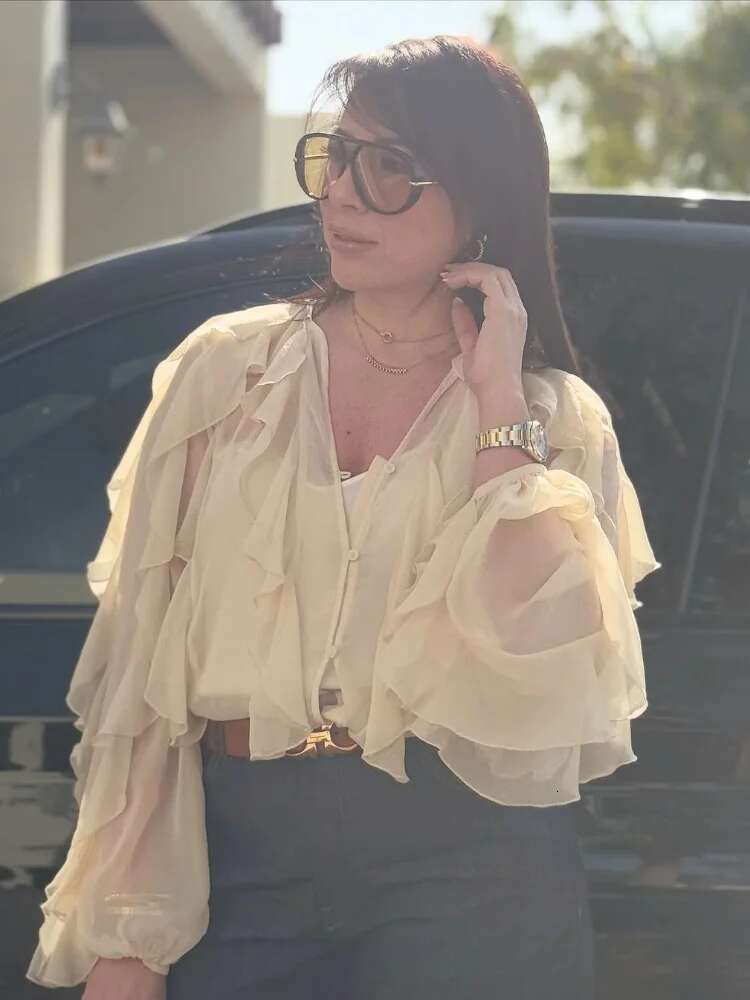 Spring Bury Layer Ruffles Shirts For Woman Casual V Neck Full Sleeve Loose Blouse New Female High Street Office Outfits 2025
