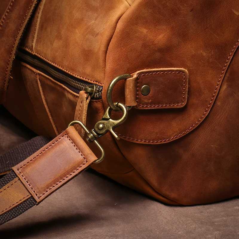 LUOKIR Luxury Genuine Leather Travel Bag Vintage Crazy Horse Cowhide Shoulder Luggage Bag Men Casual Handbag Weekend Duffle Bag Y250304