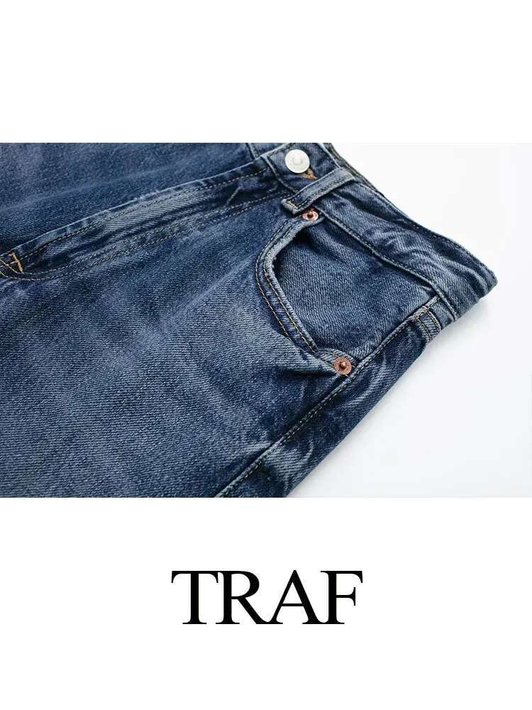 TRAF 2024 Women's Street Trendy Denim Deconstructed Trousers Embellished Mid-Waist Wide Leg Pockets Versatile Jeans